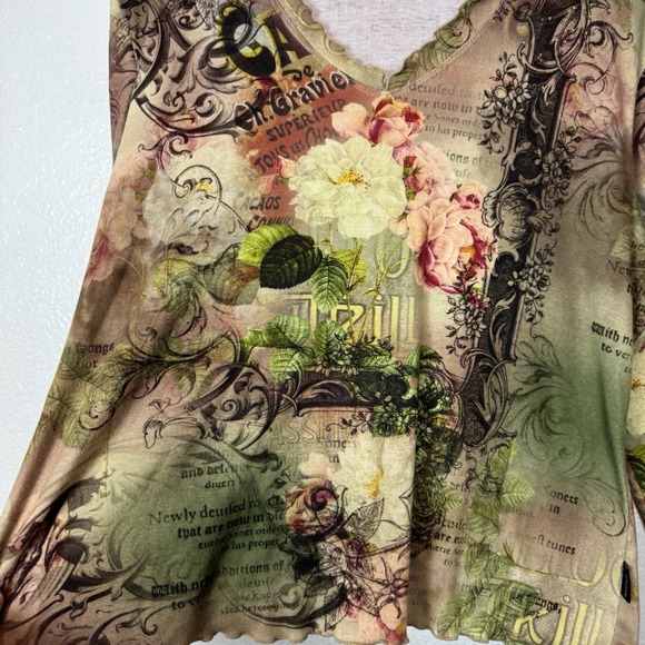 Y2K Impulse California Top Women's XL Green Pink Floral AOP Lettuce Hem Romantic - Picture 4 of 13